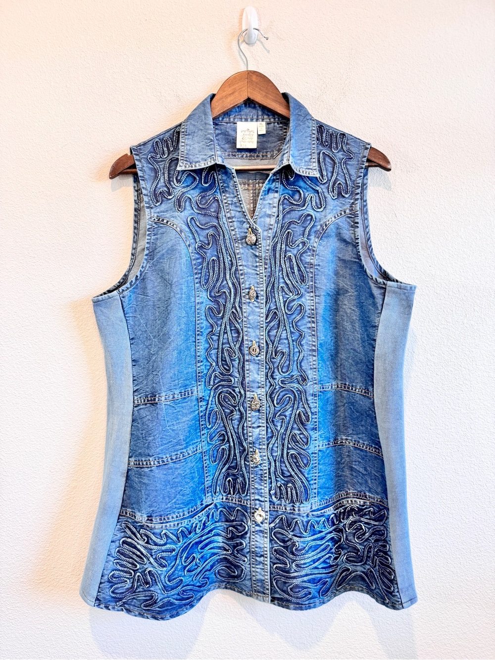 Parsley & Sage XL Denim Vest Embroidered Western Cowgirl Artsy Festival Boho J79